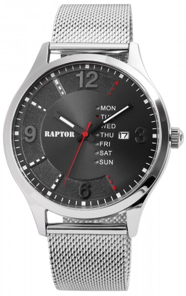 Raptor Herren-Uhr Milanaiseband Edelstahl Datum Wochentag Analog Quarz RA20220